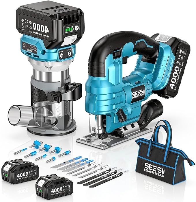 SEESII Cordless Jigsaw and Wood Router Tool for Combo Kit | with Batteries and Charger, Brushless, Aluminum Palm Router, 0-45° Bevel Jig Saw, Adjustable Speed for Cutting & Trimming
