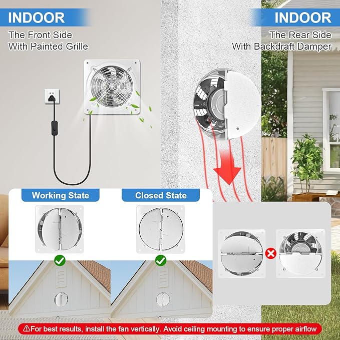 8-inch wall-mounted kitchen metal exhaust fan with switch, 382-576CFM, portable installation, with return air valve, suitable for attic, garage, bathroom, office, basement ventilation, White