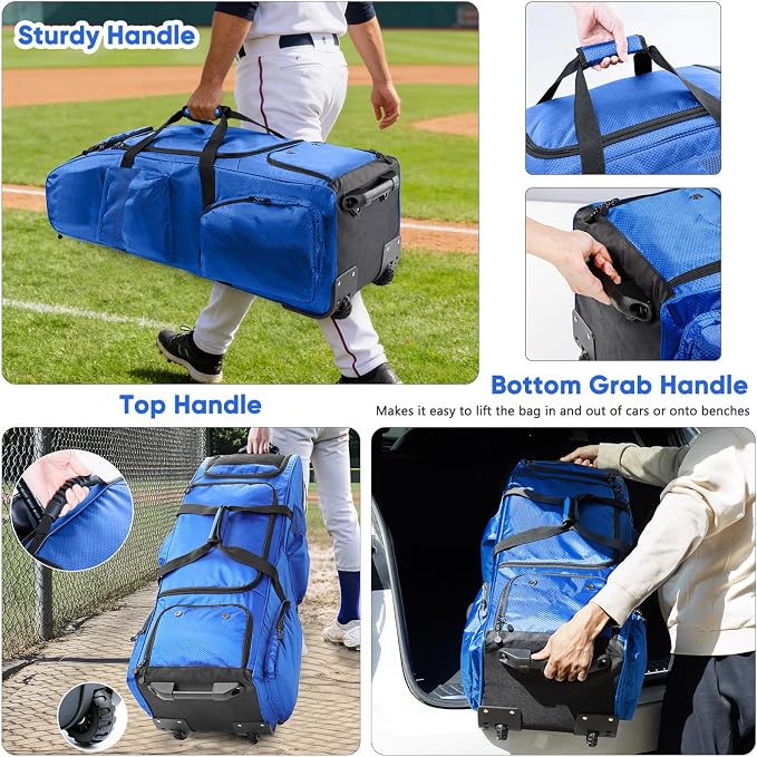 Large Rolling Baseball Catchers Gear Bag with Wheels, Softball Bag with Hard Backing for 4 Bats,Equipment Bag with Separate Shoe & Helmet Compartments, Youth Baseball Bag with 360° Spinner Wheels