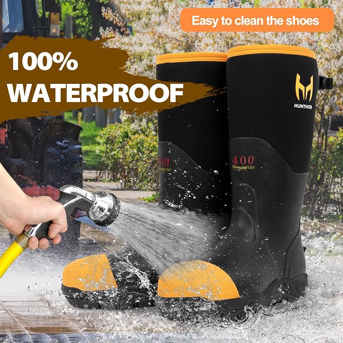 Rubber Work Boots for Men with Steel Toe, 400g Insulated, 1100N Puncture-Proof Hunting Boots with 7mm Neoprene Waterproof and EVA Midsole, Back Gusset, Ideal for Work,Farming Fishing Size 7-14