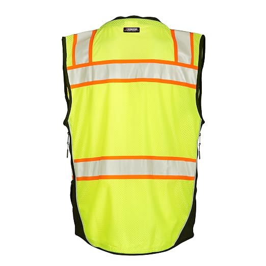 Kishigo Premium Black Series Men's Surveyors Vest S5002, Class 2 Hi-Vis Safety Vest, 10 Pockets with Reinforced Front Zipper Closure & Durable Webbing, ANSI/ISEA 107 Compliant (Lime/Black, MED)