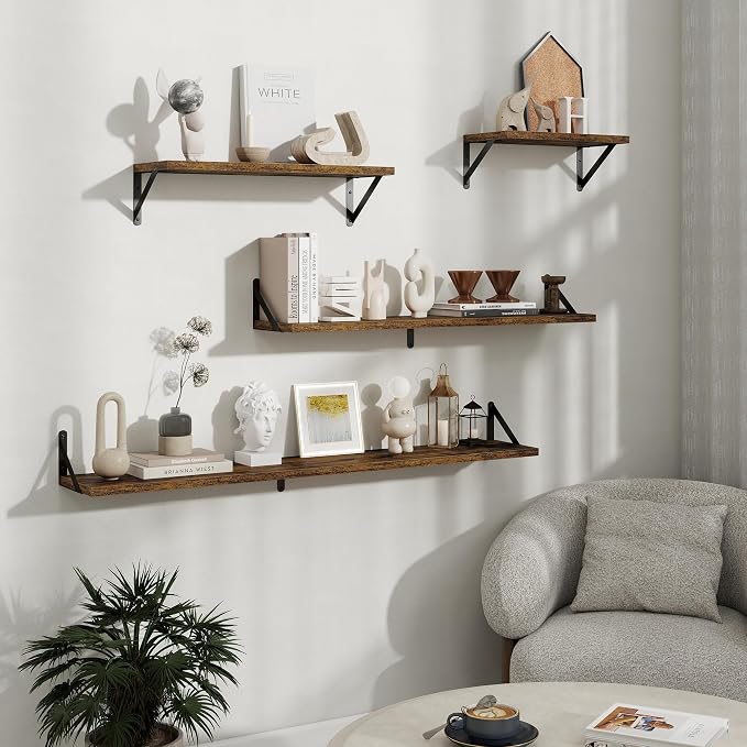 Floating Shelves 8 Inch Deep, 36W x 8D Wall Shelf Set of 2, 60 lbs Heavy Duty Reversible Metal Brackets, Industrial Book Shelf for Living Room Kitchen Bath Bedroom Gallery Wall, Rustic Brown