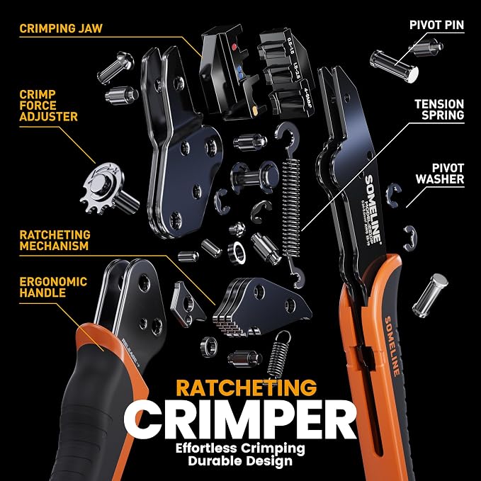 SOMELINE Wire Connectors Kit with Crimping Tool, 30 Types (UL Listed) Premium Electrical Terminals Assortment, 22-10 AWG Ratchet Crimper - Ring, Fork, Butt, Pin, Blade, Quick Disconnects (210 Pcs)