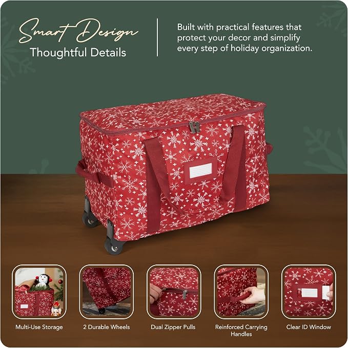 Covermates Keepsakes Rolling Treasurekeeper Storage Bag – Heavy-Duty Polyester with Dual Wheels & Handles – Protects Holiday Decorations with ID Window & Dual Zipper Access, Red Snowflake