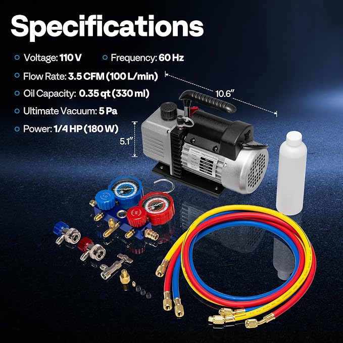 VIVOHOME 110V 1/4 HP 3.5 CFM Single Stage Rotary Vane HVAC Vacuum Pump and 3 Way AC Manifold Gauge Set with 4ft Hoses & Accessories for Auto Air Conditioning Refrigeration Recharging, Black