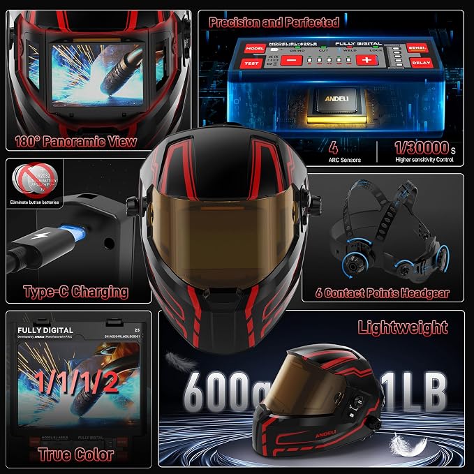 ANDELI Digitally Control Lens Auto Darkening Welding Helmet&5 PCS Large Viewing Screen Outer Replacement Lens and 2 Pcs Inner Replacement Lens