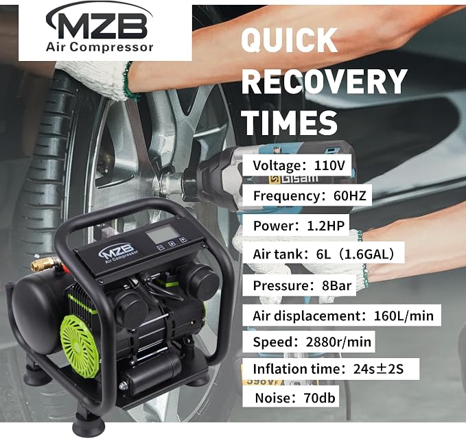 MZB Ultra Quiet Air Compressor 110V/60Hz MAX 115PSI Steel Tanks Oil-Free 70dB Noise Level Air Compressor for Spray Painting, Auto Repair, Carpentry Decoration (1.6 Gallon)