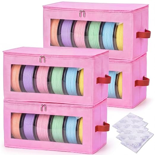 4 Pack Filament Storage Box 3D Printer Filament Storage Containers with Desiccants Holds up to 24 Rolls Transparent View Moisture Proof 3D Printing Container Supplies for Home Office Workshop