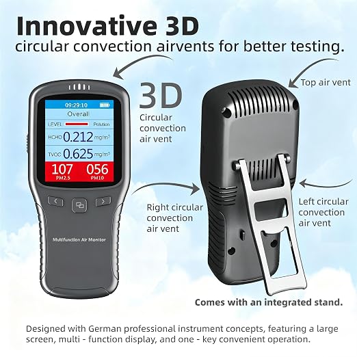 Air Quality Monitor, 5-in-1 Air Quality Tester, for Enclosed Spaces | Measures HCHO, TVOC, AQI, PM2.5, PM10，with a color LED screen showing specific real-time data clearly.