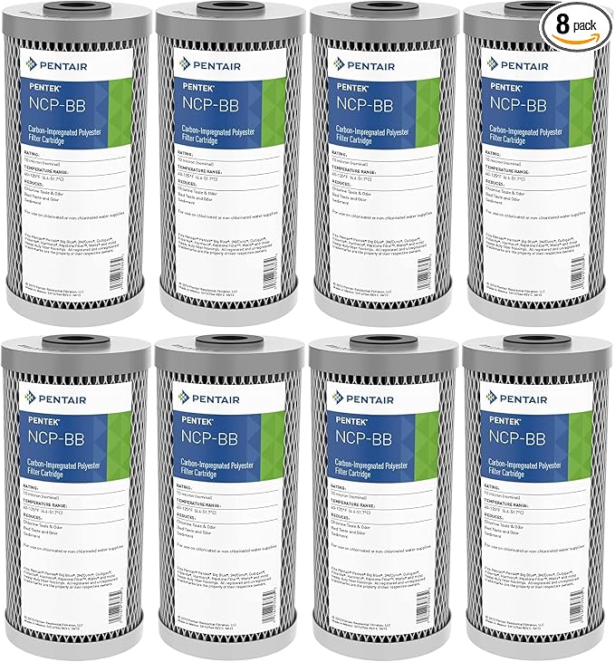 Pentair Pentek NCP-BB Big Blue Carbon Water Filter, 10-Inch, Whole House Pleated Carbon-Impregnated Polyester Cartridge, 10" x 4.5", 10 Micron, Sediment and Chlorine Reduction, Pack of 8