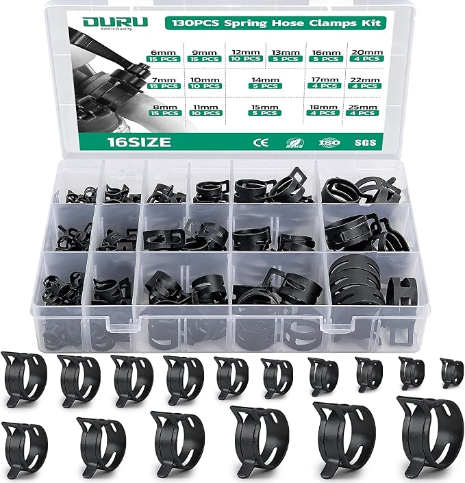 OURU 130PCS 6-25mm Spring Band Hose Clamps Assortment kit, Constant Tension Hose Clamps for Fuel Lines, Silicone Vacuum Hoses, Water Pipe, Low-Pressure Air Clips