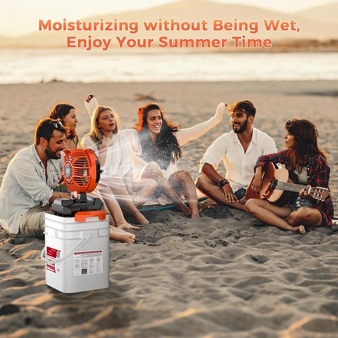 Portable Misting Fan with 25L Bucket, Rechargeable Battery Powered Floor Cooling Fan with 4 Strong Winds, 4 Spray Mister, Adjustable Base for 10-13in Bucket for Camping, Beach, Patio-Orange