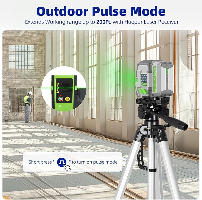 Huepar Pro Laser Level Rechargeable, Self Leveling Green Cross Line Laser Level Tool with Outdoor Pulse Mode, 18-Hour Long Runtime with Digital Angle Finder -GK011SG&DAG01