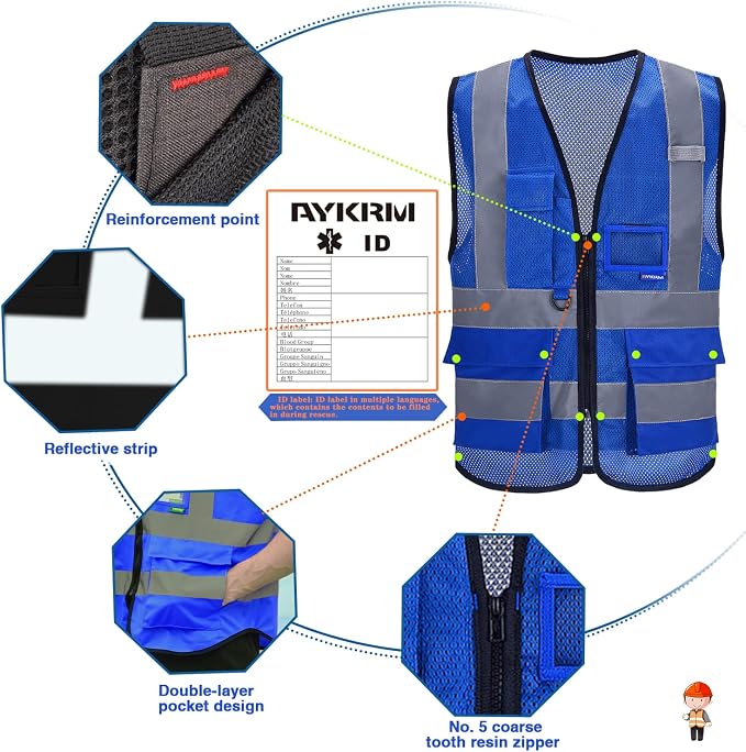 A-SAFETY Hi-Vis Mesh Vest with Reinforced Stress Points, Zipper, Blue, 2XL | Blue 2XL breathable mesh vest with transparent ID pocket, radio mic loop and reflective strips for equipment maintenance.