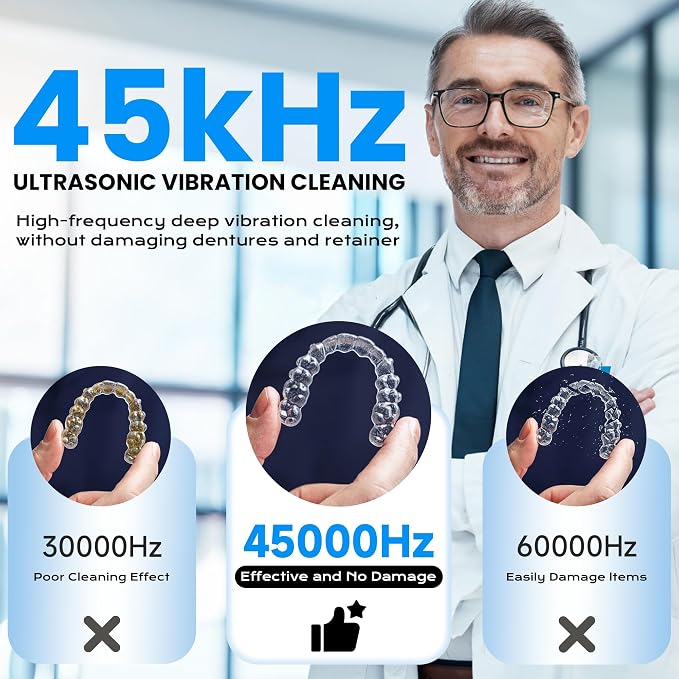 45kHz Ultrasonic Retainer Cleaner, 200ML Dental Cleaning Pod for Dentures, Mouth Guards, Braces, Aligner, Toothbrush Jewelry and More, UV Denture Cleaner with 4 Modes dental care