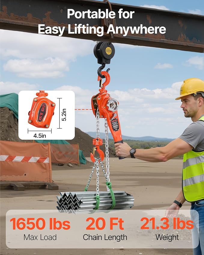 VEVOR Manual Lever Chain Hoist, 3/4T 1650LBS Capacity Heavy Duty Come Along, 20FT Lift G80 Alloy Steel Chain with Dual Pawl Mechanical Brake,360°Rotating Hooks, for Warehouse Construction Garage