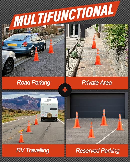 RoadHero 18 Inch 4 Pack Collapsible Traffic Safety Cones, Multi Purpose Pop-up Cones with Reflective Collar for Road Safety, Orange Cones for Driving Training, Parking Lots