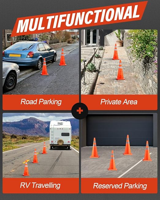 RoadHero 18 Inch 8 Pack Collapsible Traffic Safety Cones, Multi Purpose Pop-up Cones with Reflective Collar for Road Safety, Orange Cones for Driving Training, Parking Lots