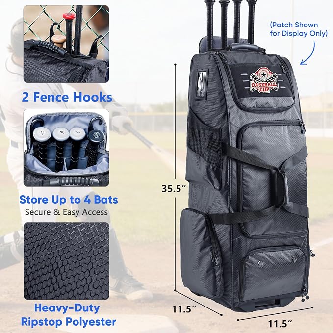 Large Rolling Baseball Catchers Gear Bag with Wheels, Softball Bag with Hard Backing for 4 Bats,Equipment Bag with Separate Shoe & Helmet Compartments, Youth Baseball Bag with 360° Spinner Wheels