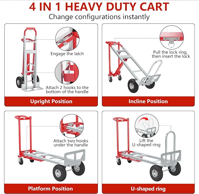 4 in 1 Convertible Hand Truck-1,000lb Heavy-Duty Folding Hand Truck Dolly Cart with Solid Wheel, 1000LBS Heavy Duty Steel Dolly for Logistics, Warehouse, Home, Office Moving, Delivery
