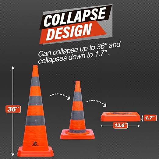 RoadHero 36 Inch 2 Pack Collapsible Traffic Safety Cones, Multi Purpose Pop-up Cones with Reflective Collar for Road Safety, Orange Cones for Driving Training, Parking Lots