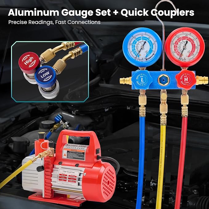 OLIXIS 110V 1/3 HP 4CFM Single Stage Vacuum Pump Kit with R134a Manifold Gauge Set, Leak Detector, 1/4" Hoses & Carry Bag for HVAC AC Refrigeration, ETL Listed, Blue