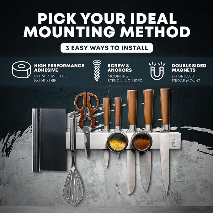 24" Magnetic Knife Holder for Wall with 2x Storage - Safe, Patented Design - Stainless Steel Knife Magnetic Strip, Under Cabinet Knives Storage - Magnet Strip Rack Kitchen Utensil Organizer