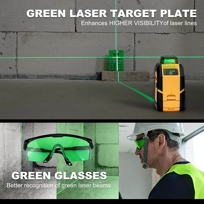 PREXISO 360° Laser Level with Tripod, 100Ft Cross Line Leveler- Green Horizontal Line Laser Level Self Leveling for Construction, Floor Tile Renovation with Target Plate, Green Glasses, 4 AA Batteries