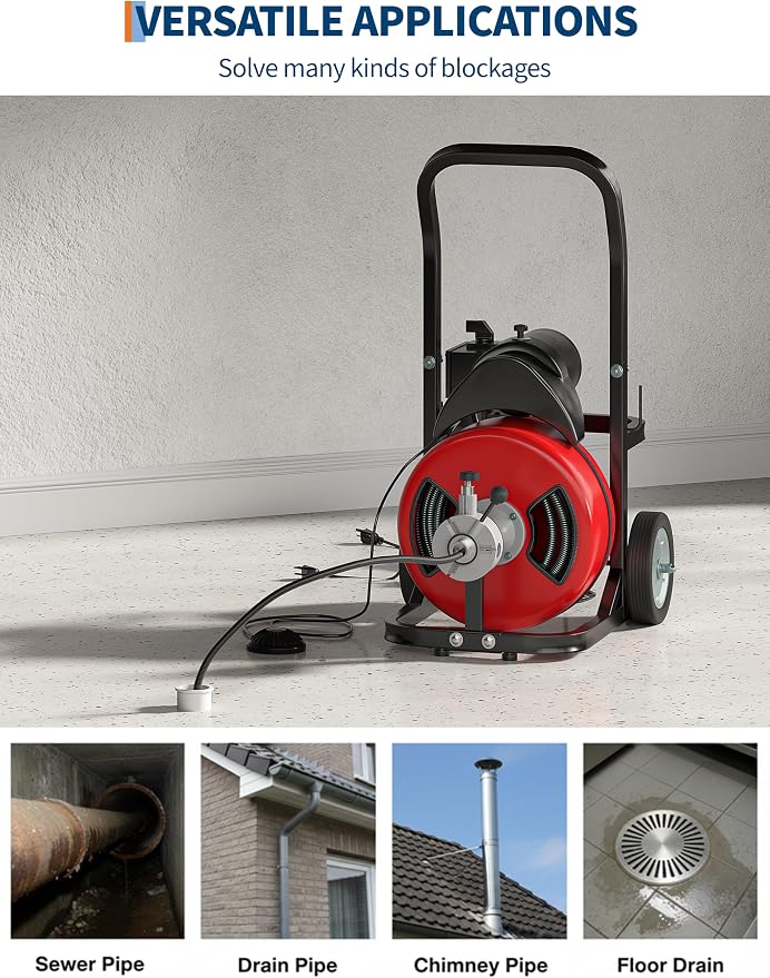 Drain Cleaner Machine 100FT x 1/2 Inch Steel Core Cable Portable 370W Electric Drain Cleaning Machine With Sewer Auger, Cutter, Air-activated Foot Switch, Wheels for Commercial, Home