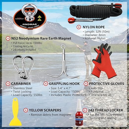 FINDMAG Magnet Fishing Kit with Case, 1500 LBS Pulling Force Super Strong Magnets, Premium Fishing Magnets Kit for Heavy Duty Use, Magnet Tool Pickup -4.72inch Diameter