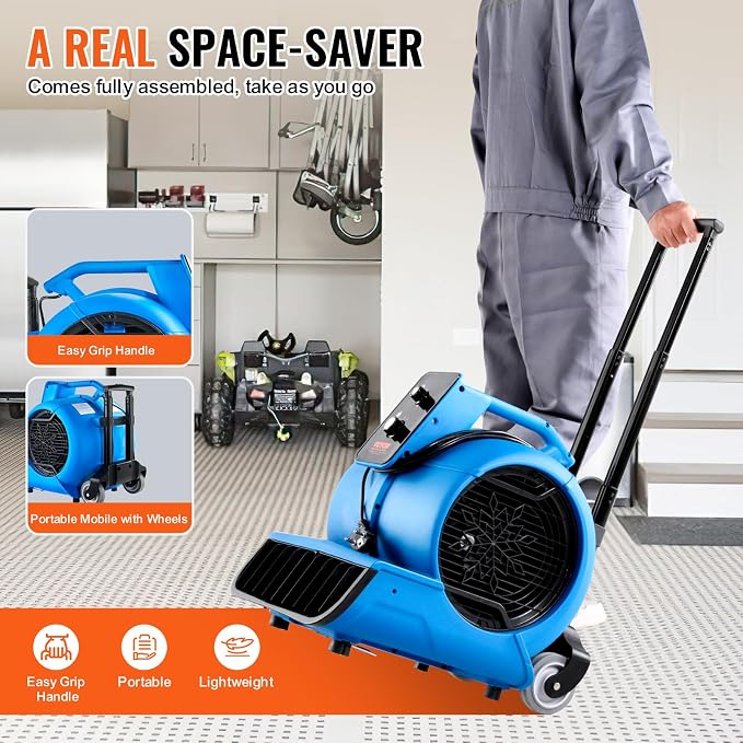 VEVOR Air Mover, 1 HP 4000 CFM Carpet Dryer for Cooling and Ventilating, Portable Floor Blower Fan with 3 Blowing Angles and Time Function, for Janitorial, Home, Commercial Use