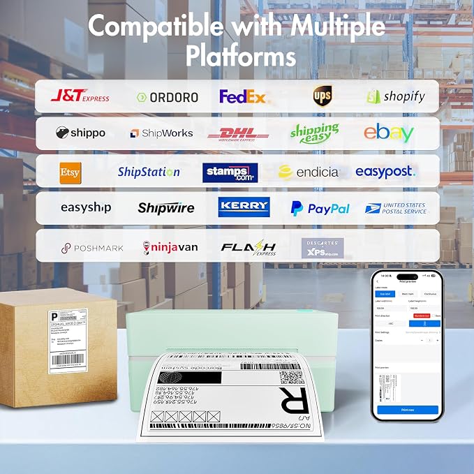 Bluetooth Thermal Shipping Label Printer: 4x6 Wireless Label Maker with Tape for Small Business - Compatible with iPhone, Android, Windows & Mac, Widely Used for USPS UPS Amazon Shopify, Green