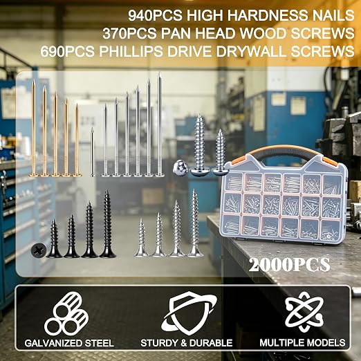 Dianrui 2000 PCS High Hardness Nails & Wood Screws & Sheet Metal Screws Assortment Kit,Phillips Drive Flat & Pan Head Wood Screws Set for Picture Hanging/Wood/DIY with Storage Box