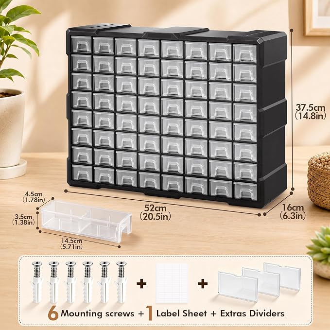 PurKeep 64-Drawer Organizer for Garage Building Bricks Storage,𝐓𝐡𝐢𝐜𝐤𝐞𝐫 Drawer Storage Cabinet with Dividers and Labels for Hardware,Screws,Nuts Bolts, Garage Tools,Charms,Beads,Craft,Scrapbook