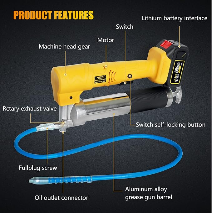 Grease Gun Kit 20V MAX with Battery and Charger Cordless Grease Gun, 12000 PSI Electric Grease Gun with Quick Release Coupler, 39” Hose, Extension Rigid Pipe for Tractors, Trailers, Mechanical