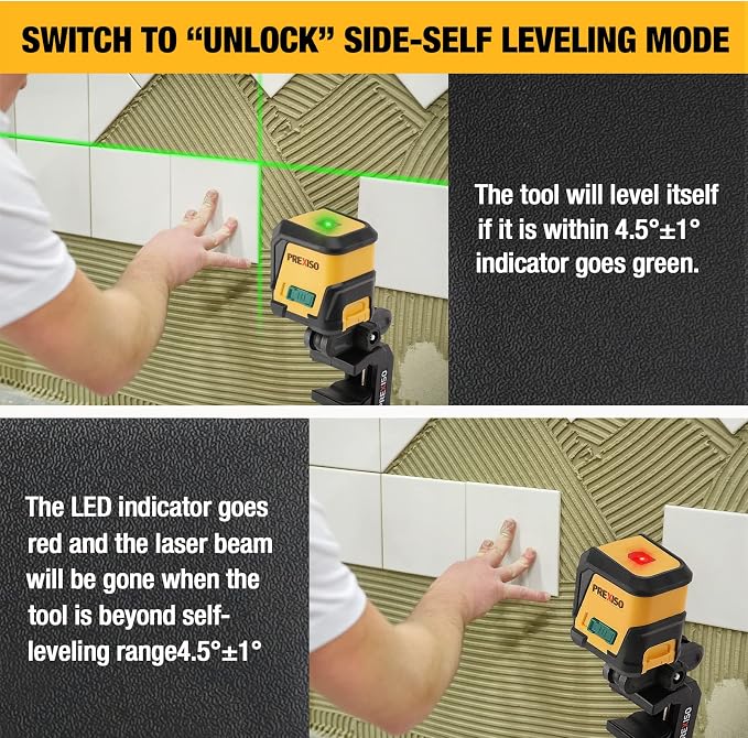 PREXISO Square Laser-65Ft Green Beam Floor Tile Laser Level & PREXISO 65Ft Laser Level Self-Leveling with Rotatable Mount Clamp