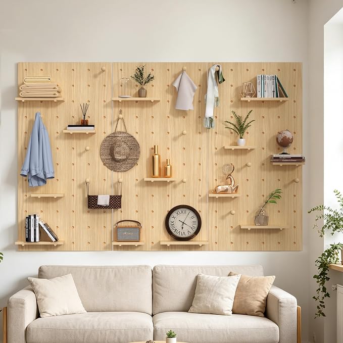 AMSXNOO Wood Pegboard Wall Organizer Panel, Wooden Pegboard Combination Wall Organizer Kit, Peg Board Panel Kits for Office Bedroom Livingroom Studyroom (Wooden Color, 47.2X70.9IN/120X180CM)