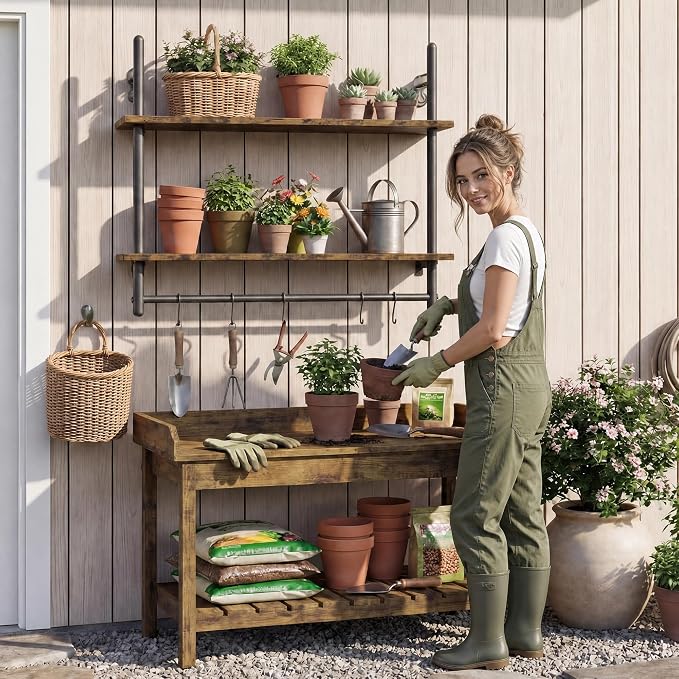 Merapi Industrial Pipe Floating Shelf with Towel Bar & Hooks - 31.5" Wall Mounted Kitchen, Bathroom, Coffee Bar Shelf - Modern Farmhouse Wood & Metal Shelves with 8 S-Hooks