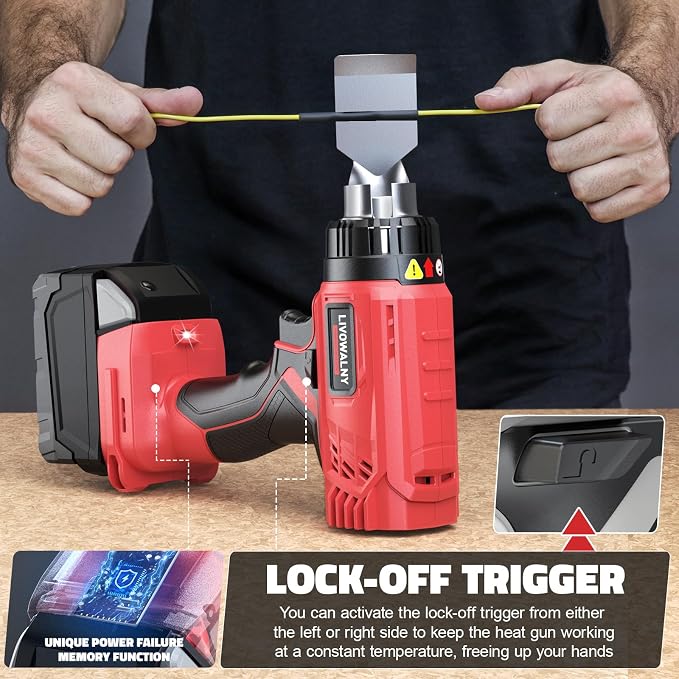 LIVOWALNY Heat Gun Compatible with Milwaukee 18V Battery (Tool Only) 350W Cordless Battery Powered Heat Gun 122℉~1022℉ (50℃~550℃) -Variable Temperature Control w/LED Digital Display for Shrink Tubing