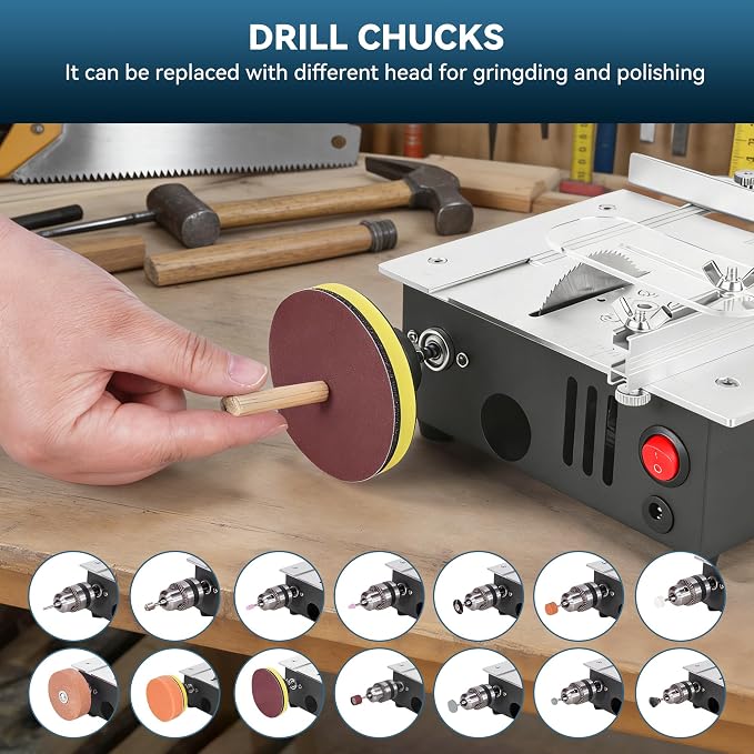 Mini Table Saw for Crafts, Dual Motors & Switches, 7 Levels & Height Adjustable Table Saw with 135PCS Accessories for Men and Women's Cutting, Grinding, Engraving and Drilling
