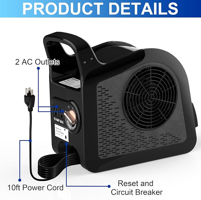 Portable Blower Fan for Home: High Velocity Floor Fans for Cooling and Drying - Air Mover with 185° Rotating for Bedroom, Garage, Shop and Gym, 3 Speeds Utility Fan with 2 AC Outlets, Black