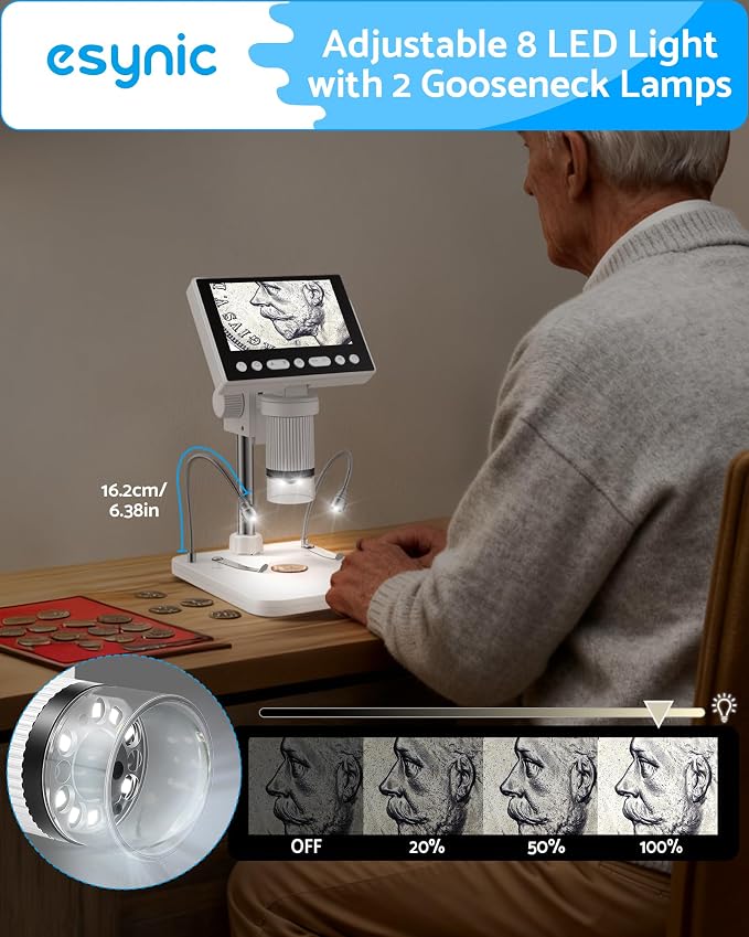 eSynic 1080P HD Digital Coin Microscope-4.5" LCD Screen with Adjustable 1000X Magnification-USB-C Rechargeable Coin Magnifier Microscope Camera with 32GB Card & 10 LED Lights-Windows/Mac Compatible