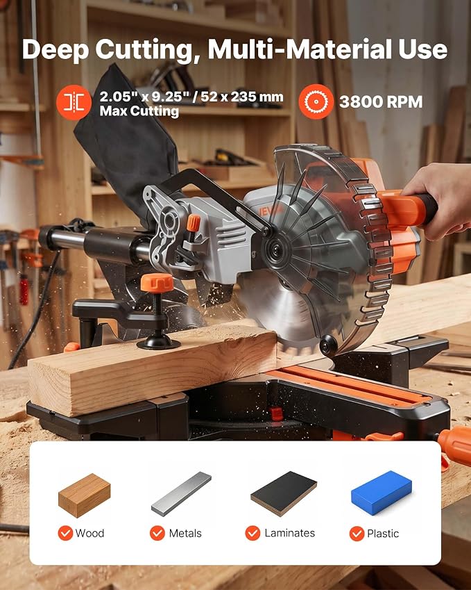VEVOR Sliding Compound Miter Saw, 7-1/4 inch Blade, DC 18.5V Cordless Miter Saw, with LED Precision Alignment, Adjustable Angles, Battery and Charger Included, for Cutting Wood, Metals, Laminates