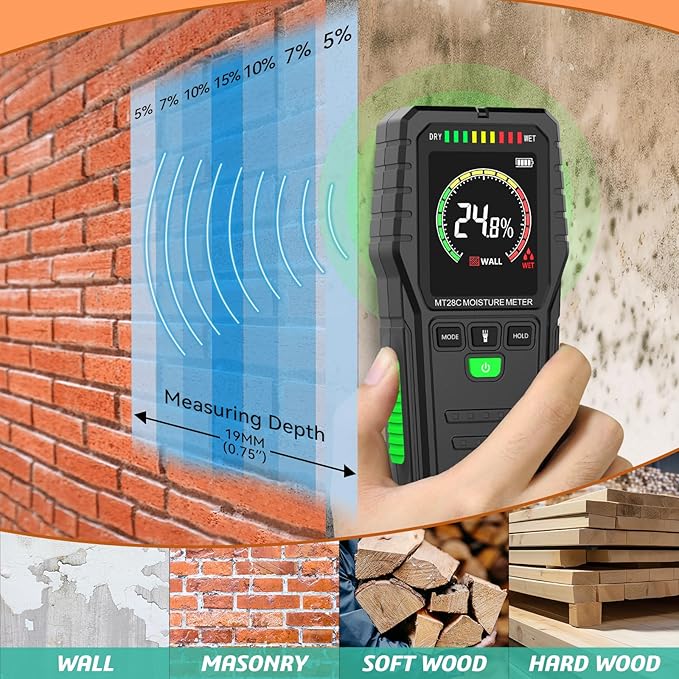 Pinless Moisture Meter for Wall,Floor – Digital Moisture Tester | With 3-Color LCD Display, Audible Alarm & HOLD Function, Ideal for Home Inspections