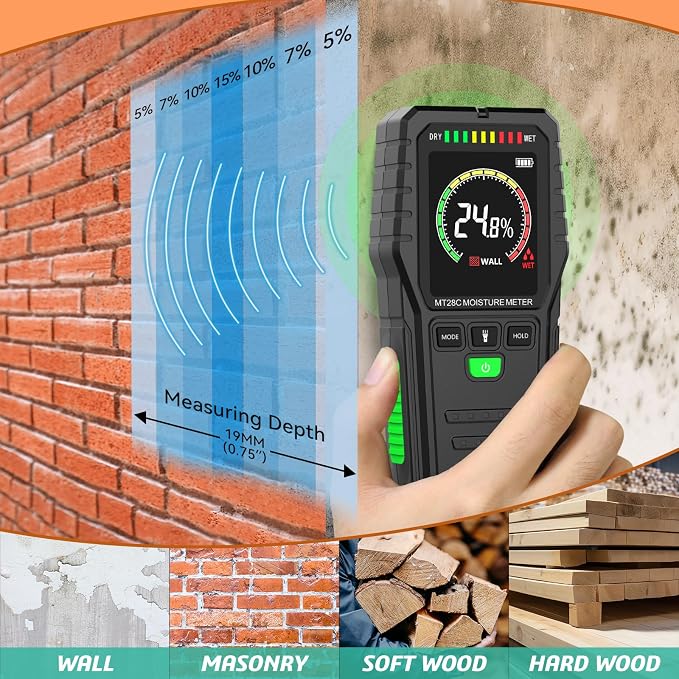 Pinless Moisture Meter Non-Invasive Digital Wood Humidity Tester | Moisture Detector For Wall, Lumber, Building, Firewood, 19mm Depth,Built Flashlight