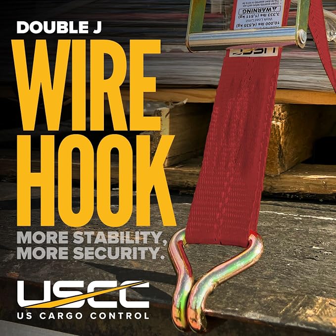 US Cargo Control Wire Hook Ratchet Straps 2 Inch x 30 Foot (10-Pack), 10,000 LBS Break Strength, Ratchet Straps Heavy Duty with Double J Hooks, Red Cargo Tie Downs for Flatbed Trailers and Trucks