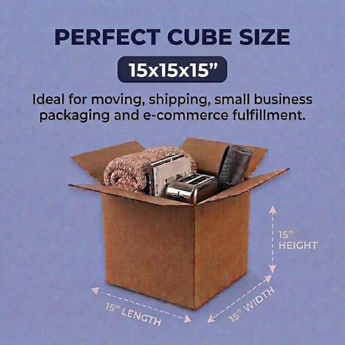 BOX USA Cube Shipping Boxes 15"L x 15"W x 15"H (25-Pack) - Medium Corrugated Cardboard Packaging Boxes for Shipping, Packing, Moving, and Storage at Home, Office, or Business