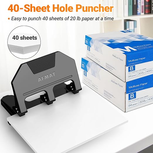 AFMAT 3 Hole Punch Heavy Duty, 9/32" Hole Diameter, 40-Sheet 3 Hole Puncher for Binder, 50% Reduced Effort, Metal Three Hole Punch w/ 10,000+ Uses, Bulit-in S.S. Paper Guide, Large Chip Tray, HPX3