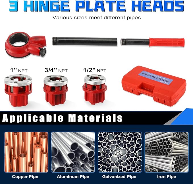 Pipe Threader Ratchet Kit， Manual Ratcheting Pipe Threading Tool Set with 3 NPT Dies 1/2" NPT, 3/4" NPT, 1" NPT,Portable Cast Iron Pipe Threading Set for Galvanized Aluminum Iron Copper PVC Pipes