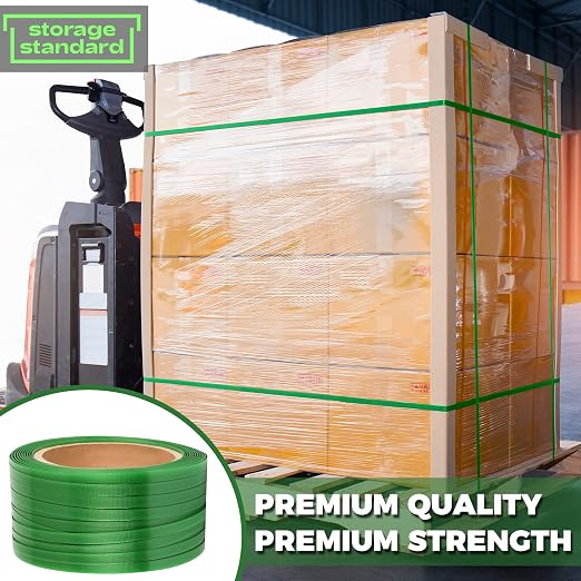 Heavy Duty Packaging Strapping Banding Roll - Green Polyester PET Industrial-Grade, 1000' x 5/8" x 0.035" Pallet Strap Coil - 1400 lbs Break Strength, Rust-Resistant with Self Dispensing Box Kit